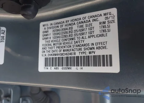 2012 Honda Cr-V Ex z USA, uszkodzony, nr VIN 2HKRM4H58CH634618